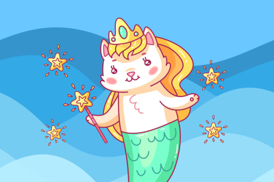 Cute cat mermaid. Cartoon unicorn cat. Dewams come true. Girl motivati