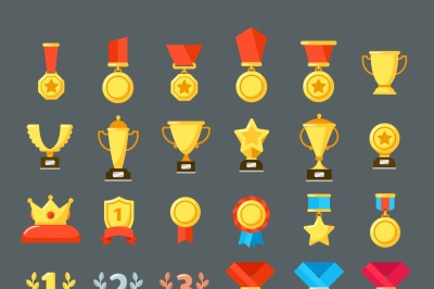 Award icons. Golden trophy cup, reward goblets and winning prize. Flat