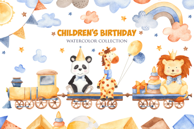 Childrens Birthday. Watercolor clipart