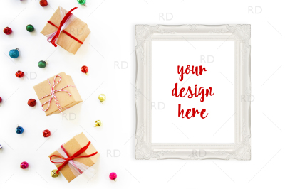Christmas Frame Mockup with Gift Boxes and Ornaments