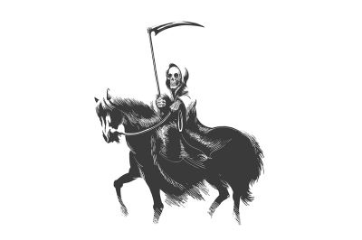 Death with scythe Rides Horse drawn in ink sketch style