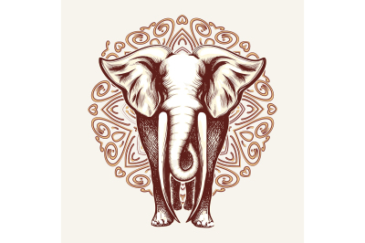 Elephant with huge tusks on Mandala pattern background