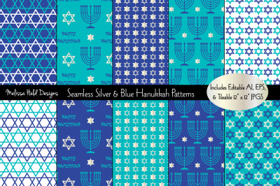 Seamless Silver Blue Hanukkah Patterns