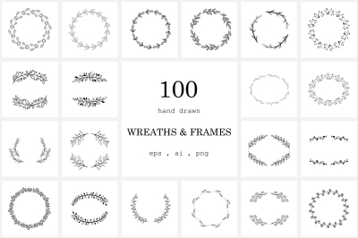 100 Hand Drawn Wreaths and Frames