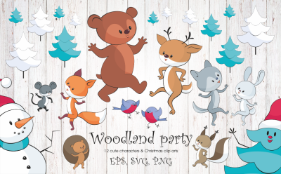 Woodland party. Cheerful animals and Christmas tree