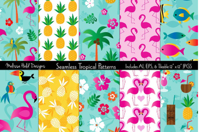 Seamless Tropical Flamingo &amp; Pineapple Patterns