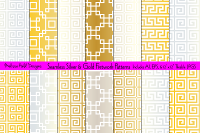 Seamless Silver and Gold Fretwork Patterns