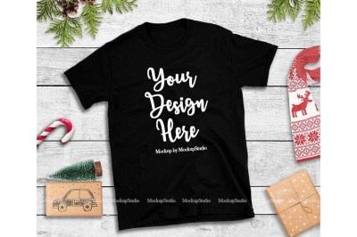 Black Christmas Tshirt Mockup Flat Lay Holiday Shirt Display