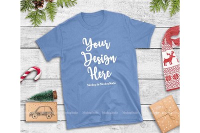 Carolina Blue Christmas Tshirt Mockup Holiday Tee Flat Lay