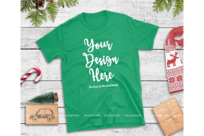 Green Christmas Tshirt Mockup Flat Lay Holiday Shirt Display