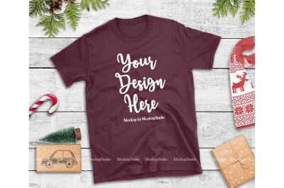 Maroon Christmas Tshirt Mockup Holiday Unisex Tee Flat Lay