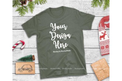 Military Green Christmas Tshirt Mockup Holiday Unisex Tee