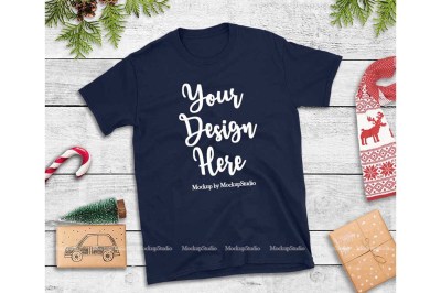 Navy Christmas Tshirt Mockup Holiday Unisex Tee Flat Lay