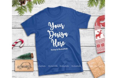 Royal Blue Christmas Tshirt Mockup Holiday Unisex Tee Flat Lay