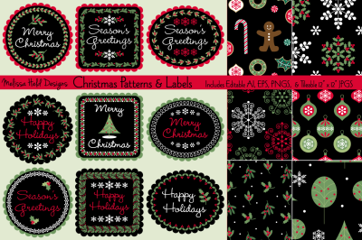 Seamless Christmas Patterns &amp; Labels