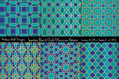 Seamless Blue &amp; Gold Moroccan Patterns