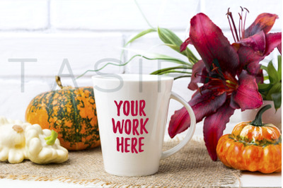 White big coffee latte mug mockup with pumpkin and red lily.