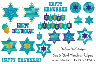 Blue &amp; Gold Hanukkah Clipart