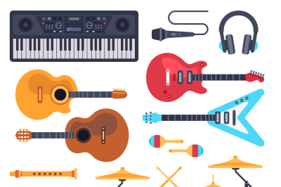 Music instruments. Orchestra drum, piano synthesizer and acoustic guit