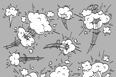 Speed cloud comic. Cartoon fast motion clouds, smoke effects and motio