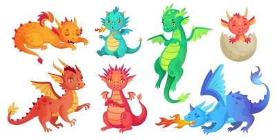 Dragon kids. Fantasy baby dragons, funny fairytale reptile and medieva