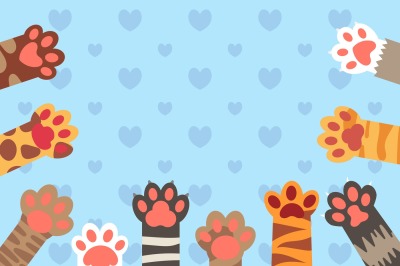 Cat paws. Cute kitten paw&2C; cats claws and funny domestic pets vector b