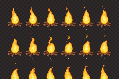 Burning bonfire animation. Hot fire, outdoor campfire and bonfires car