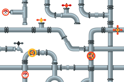 Industrial pipes seamless pattern. Pipe valves and taps, drain cooling