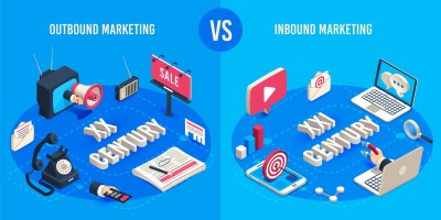 Outbound and inbound marketing. Isometric market advertising generatio