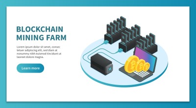 Bitcoin mining isometric concept. Cryptocurrency mining farm, bitcoin 