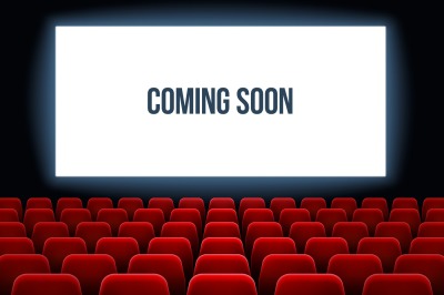 Cinema hall. Movie interior with coming soon text on white screen and 