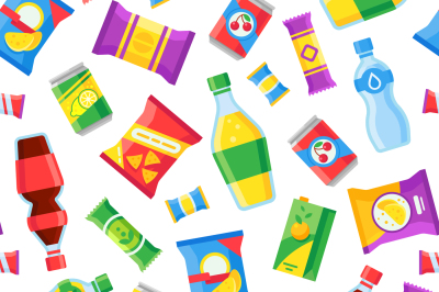 Snacks and drinks seamless pattern. Fast food snacking bags and soda b