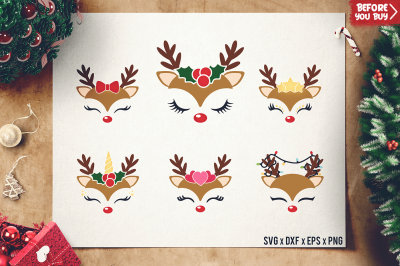 Reindeer Faces SVG - Christmas Reindeer Cut Files - DXF