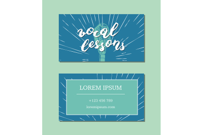 Vector vocal lessons business card with lettering and microphone 