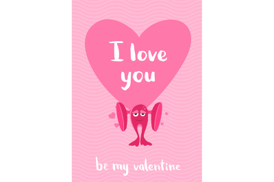 Vector Valentines Day card with hearts, cartoon monster with big ears 