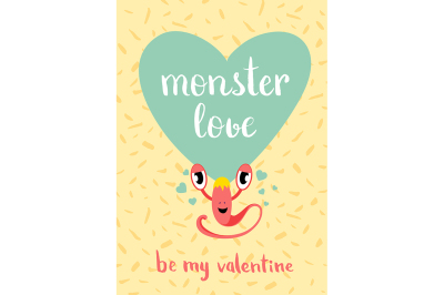 Vector Valentines Day monster love card with blue heart, cute monster 