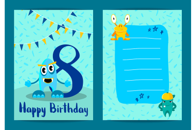 Vector happy birthday card with cute cartoon monsters 