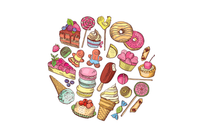 Vector hand drawn types of sweets circle concept