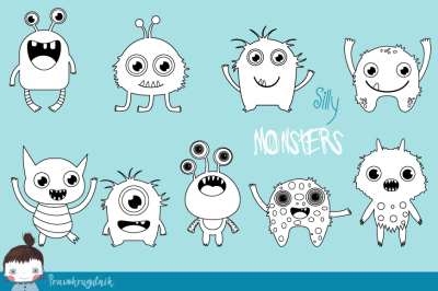 Cute monsters digital stamps, Little monster clipart digi stamp, Funny, silly monsters