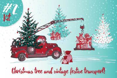 Set of Hand drawn sketch Christmas tree and vintage festive transport