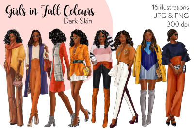 Watercolor Fashion Clipart - Girls in Fall Colours - Dark Skin