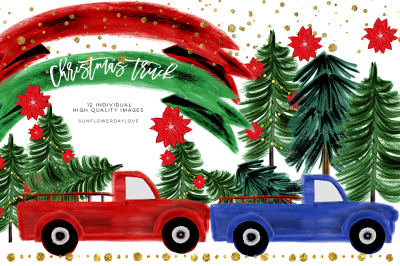 Watercolor Christmas Clipart, CHRISTMAS TRUCK clip art