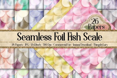 26 Seamless Foil Mermaid Dragon Fish Scale Digital Papers