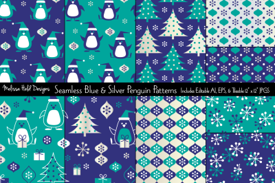 Seamless Blue &amp; Silver Penguin Patterns