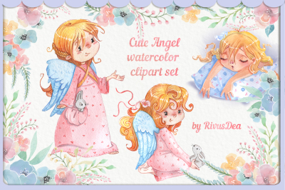 Cute watercolor Angel girls clipart set