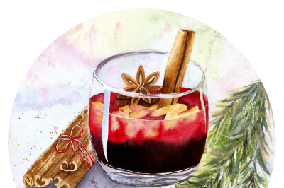 Christmas and New Year 2019 mulled wine watercolor illustration