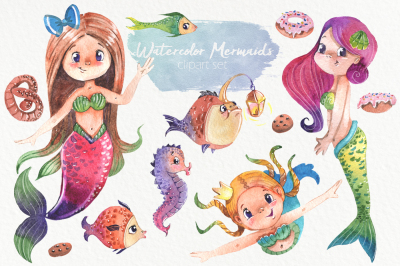 Watercolor mermaids, fishes, seahorse and cookies clipart
