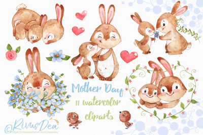 Watercolor bunnies  with Moms clipart set