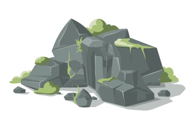 Grey stones and rocks cartoon vector nature boulder with grass