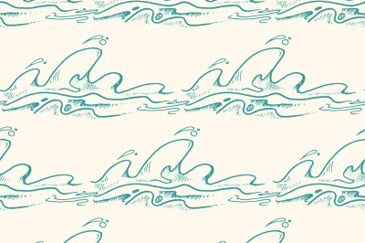 Green hand drawn waves vector seamless pattern